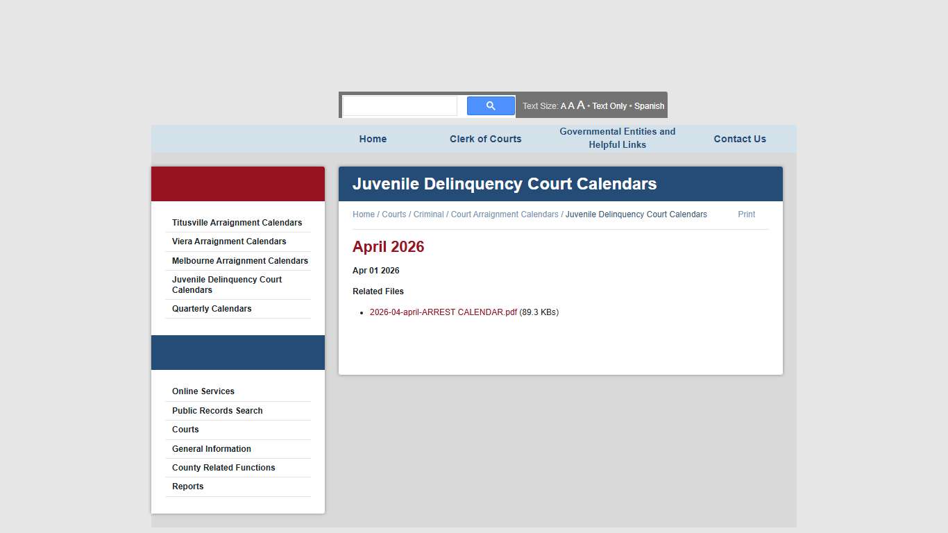 April 2026 - Juvenile Delinquency Court Calendars - Court Arraignment Calendars - Brevard County, Florida - Clerk of the Court
